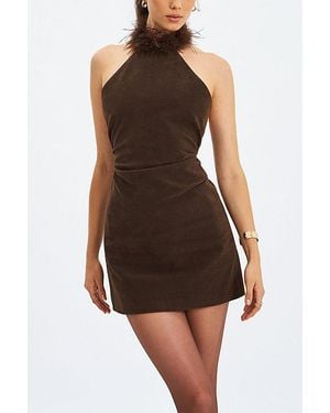 Miss Circle Yael Vegan Suede Faux Fur Halter Mini Dress - Brown