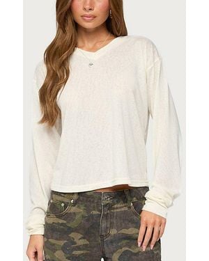 Edikted Naely Long Sleeve V Neck Top - White