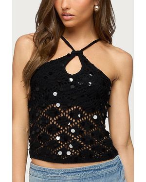 Edikted Mae Open Back Sequin Crochet Top - Black
