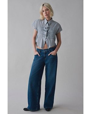 BDG Nolita Shirred Split-Front Ruffle Shirt Top - Brown