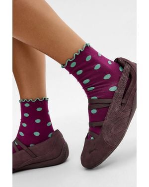 Out From Under Polka-dot Lettuce Edge Socks - Purple