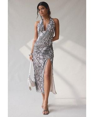 Urban Outfitters Uo Deep Plunge Halter Ruched Mesh Midi Dress - Multicolour