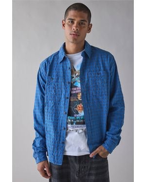 BDG Blue Textured Plaid Long Sleeve Shirt
