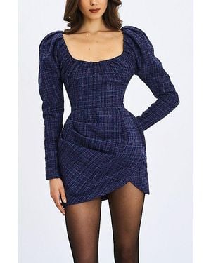 Miss Circle Denise Tweed Puff Sleeve Mini Dress - Blue