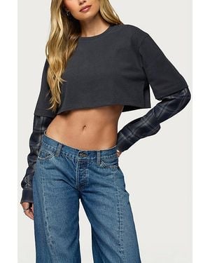 Edikted Plaid Sleeves Layered Crop Top - Blue
