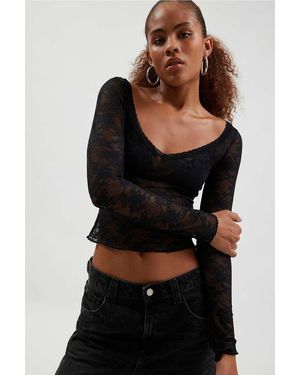 Out From Under Lana Lace Plunge Long Sleeve Top - Black