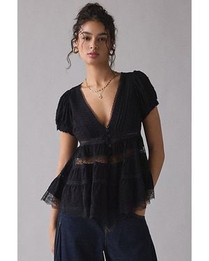 Kimchi Blue Dawn Sheer Lace Trim Puff Sleeve Babydoll Top - Black