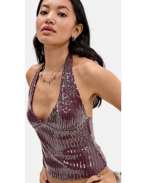 Motel Burgundy Cosio Halter Top 2xs At Urban Outfitters - Purple