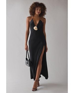 Bardot Aradia Rose Detail Plunging Halter Maxi Dress - Black
