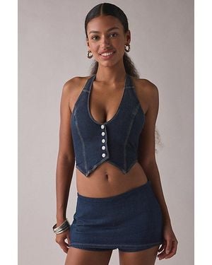 Silence + Noise Esme Cropped Denim Halter Vest Top Jacket - Blue