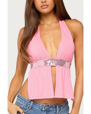 Edikted Heily Sequin Split Front Backless Top - Pink