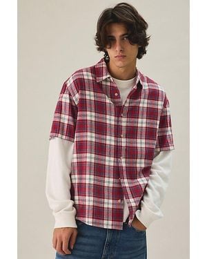BDG Relaxed Plaid Flannel Short Sleeve Shirt Top - Red