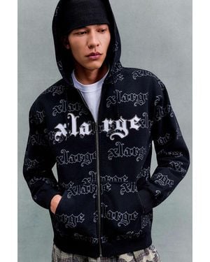 X-Large Black Logo Print Zip-through Hoodie - Blue