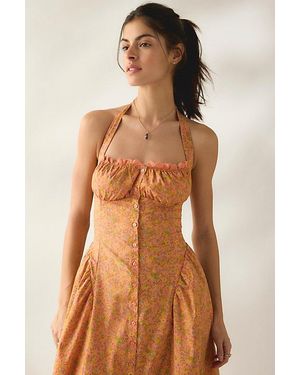 Kimchi Blue Tea Time Basque Waist Halter Midi Dress - Brown