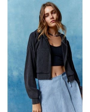 BDG Leah Waffle Knit Zip-Up Hoodie Sweatshirt - Blue