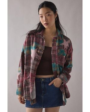 BDG Dani Cowboy Patchwork Oversized Flannel Shirt - Brown