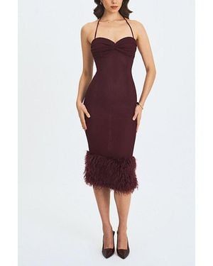 Miss Circle Pluma Halter Faux Fur Trimmed Midi Dress - Red
