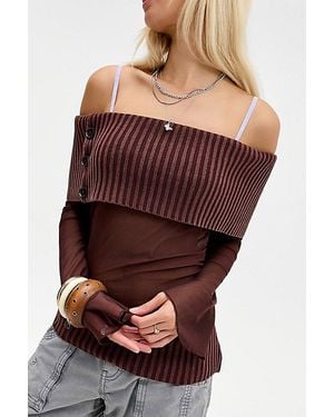 Urban Outfitters Uo Jae Asymmetric Button Off-The-Shoulder Sweater - Red