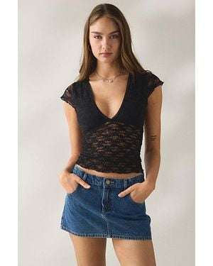Kimchi Blue Only You Sheer Lace Smocked Short Sleeve Top - Blue