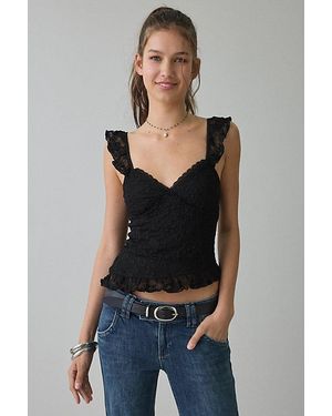 Kimchi Blue Mari Lettuce-Edge Lace Asymmetric Ruffle Tank Top - Black