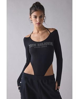 TRUE RELIGION Crystal Graphic Halter Tie Long Sleeve Bodysuit - Gray