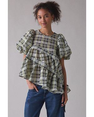 Ghospell Michaela Asymmetric Ruched Puff Sleeve Top - Gray