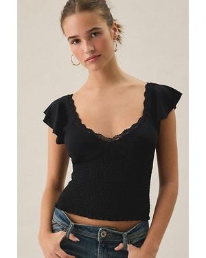 Kimchi Blue Only You Flutter Sleeve Lace Trim Pointelle Tee - Black