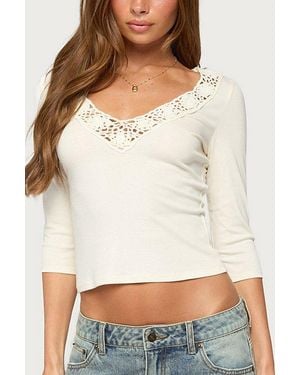 Edikted Haeva Three-Quarter Sleeve Crochet Trim Top - White