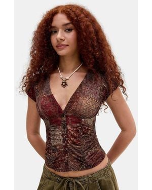 Silence + Noise Silence + Noise Penny Ruched Mesh Shirt - Brown