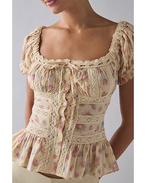 Kimchi Blue Nora Lace Trim Puff Sleeve Button-Up Blouse - Brown