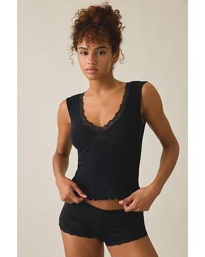 Out From Under Diana Plunging Lace Trim Cap Sleeve Top - Black