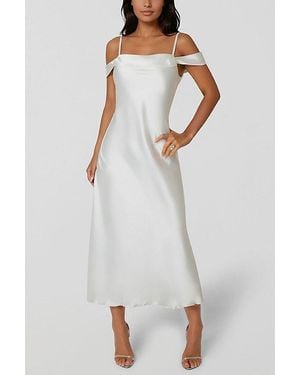 Bebe Drape Shoulder High Slit Satin Dress - White