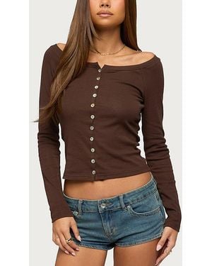 Edikted Cameo Boat Neck Button Up Top - Brown