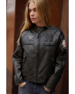 BDG Distressed Faux Leather Motocross Jacket - Black