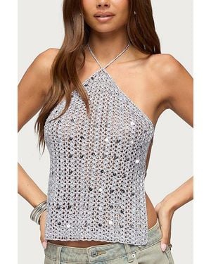 Edikted Thaly Backless Sequin Crochet Halter Top - Metallic