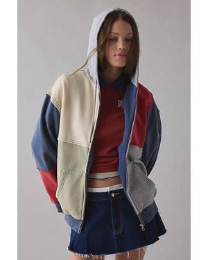 BDG Dusty Colourblock Patchwork Oversized Zip-Up Hoodie Sweatshirt - Blue