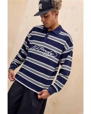 Ed Hardy Uo Exclusive Navy Stripe Long Sleeve Polo Shirt - Blue