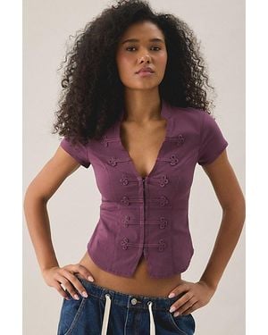 BDG Tori Short Sleeve Frog Button-Down Shirt - Purple