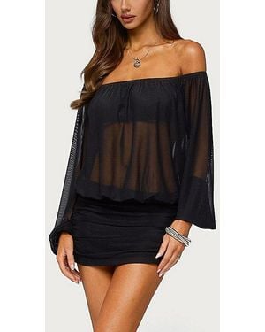 Edikted Jorie Sheer Mesh Off Shoulder Bubble Dress - Black