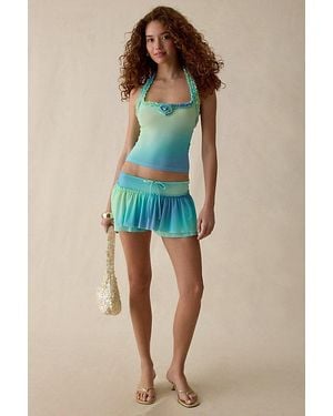 Out From Under Blossom Ruffle Trim Mesh Halter Top - Blue