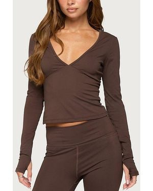 Edikted Seana Long Sleeve V Neck Top - Brown