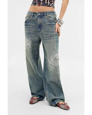 Ed Hardy Uo Exclusive Blue Embroidered Dragon Jeans