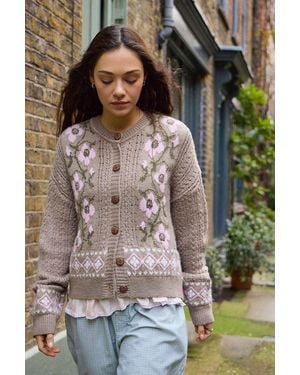 Kimchi Blue Floral Pattern Crew Neck Cardigan - Blue