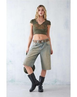 Von Dutch Khaki Notched V-neck T-shirt Top - Green