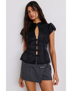 Kimchi Blue Ashley Keyhole Cutout Frog Button Short Sleeve Blouse - Black