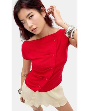 BDG Rue Slash Neck Asymmetric Button Fine Knit Top - Red