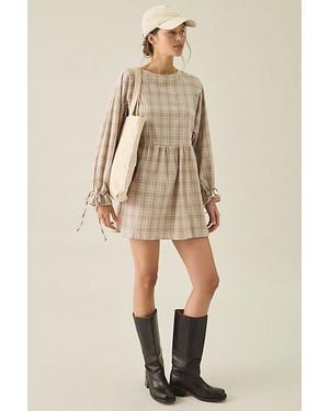 Daisy Street Lulu Long Sleeve Plaid Cotton Mini Dress - Natural