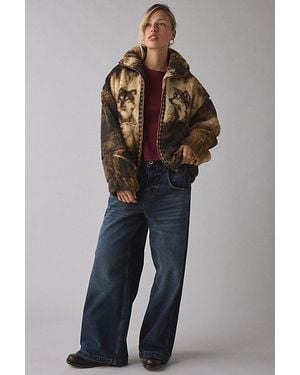 BDG Mae Printed Piled Fleece Zip-Up Jacket - Blue