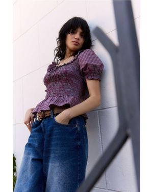 Daisy Street Burgundy Check Shirred Top - Blue