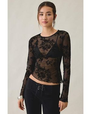 Kimchi Blue Raya Sheer Floral Burnout Mesh Long Sleeve Top - Black